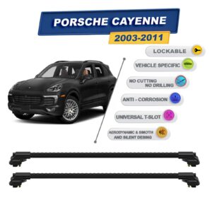 Porsche Cayenne 2003-2011 ile Uyumlu Kilitlenebilir Ara Atkı - Portbagaj Taşıma Barları 2li Set Siyah