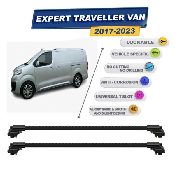 Expert Traveller Van 2017-2023 ile Uyumlu Kilitlenebilir Ara Atkı - Portbagaj Taşıma Barları 2li Set Siyah
