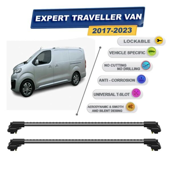 Expert Traveller Van 2017-2023 ile Uyumlu Kilitlenebilir Ara Atkı - Portbagaj Taşıma Barları 2li Set Gri