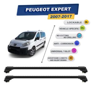Peugeot Expert 2007-2017 ile Uyumlu Kilitlenebilir Ara Atkı - Portbagaj Taşıma Barları 2li Set Siyah