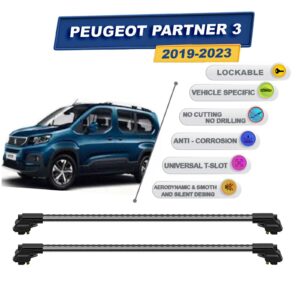 Peugeot Partner 3 2019-2023 ile Uyumlu Kilitlenebilir Ara Atkı - Portbagaj Taşıma Barları 2li Set Gri