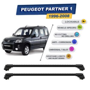 Peugeot Partner 1 1996-2008 ile Uyumlu Kilitlenebilir Ara Atkı - Portbagaj Taşıma Barları 2li Set Siyah