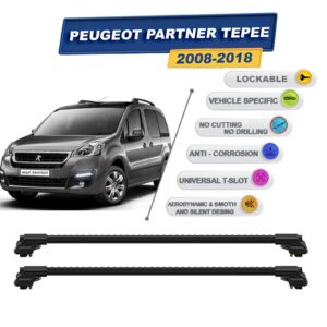 Peugeot Partner Tepee 2008-2018 ile Uyumlu Kilitlenebilir Ara Atkı - Portbagaj Taşıma Barları 2li Set Siyah
