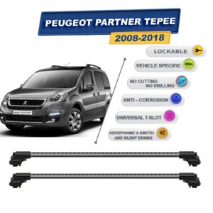 Peugeot Partner Tepee 2008-2018 ile Uyumlu Kilitlenebilir Ara Atkı - Portbagaj Taşıma Barları 2li Set Gri