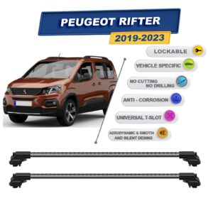 Peugeot Rifter 2019-2023 ile Uyumlu Kilitlenebilir Ara Atkı - Portbagaj Taşıma Barları 2li Set Gri