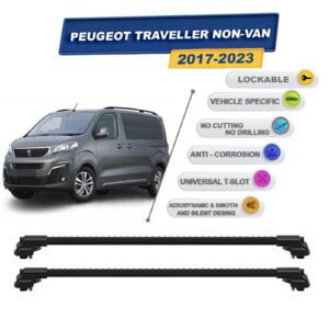Peugeot Traveller Non-Van 2017-2023 ile Uyumlu Kilitlenebilir Ara Atkı - Portbagaj Taşıma Barları 2li Set Siyah