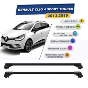 Renault Clio 4 Sport Tourer 2013-2021 ile Uyumlu Kilitlenebilir Ara Atkı - Portbagaj Taşıma Barları 2li Set Siyah