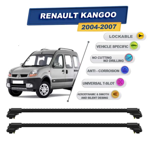 Renault Kangoo 2004-2007 ile Uyumlu Kilitlenebilir Ara Atkı - Portbagaj Taşıma Barları 2li Set Siyah
