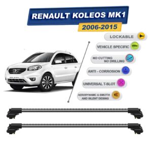 Renault Koleos Mk1 2006-2015 ile Uyumlu Kilitlenebilir Ara Atkı - Portbagaj Taşıma Barları 2li Set Gri