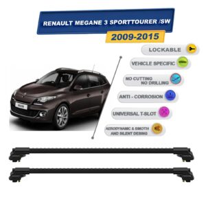 Renault Megane 3 Sporttourer /Sw 2009-2015 ile Uyumlu Kilitlenebilir Ara Atkı - Portbagaj Taşıma Barları 2li Set Siyah