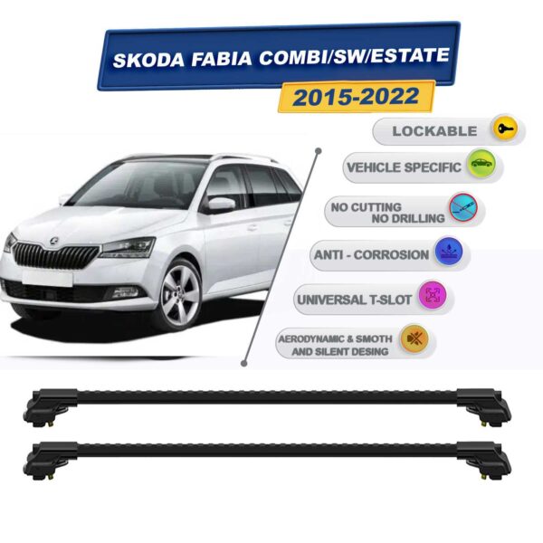 Skoda Fabia Combi/Sw/Estate 2015-2022 ile Uyumlu Kilitlenebilir Ara Atkı - Portbagaj Taşıma Barları 2li Set Siyah