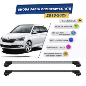 Skoda Fabia Combi/SW/Estate 2015-2022 ile Uyumlu Kilitlenebilir Ara Atkı - Portbagaj Taşıma Barları 2li Set Gri