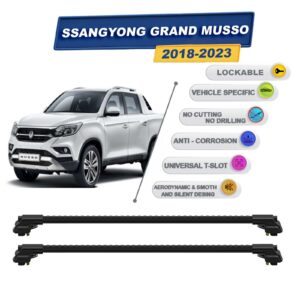 Ssangyong Grand Musso 2018-2023 ile Uyumlu Kilitlenebilir Ara Atkı - Portbagaj Taşıma Barları 2li Set Siyah