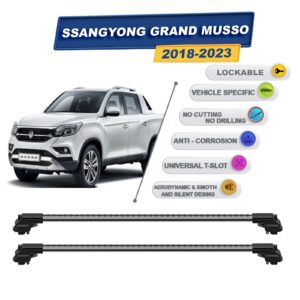 Ssangyong Grand Musso 2018-2023 ile Uyumlu Kilitlenebilir Ara Atkı - Portbagaj Taşıma Barları 2li Set Gri