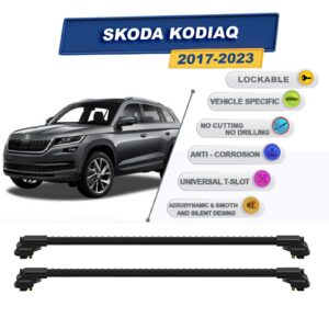 Skoda Kodiaq 2017-2023 ile Uyumlu Kilitlenebilir Ara Atkı - Portbagaj Taşıma Barları 2li Set Siyah