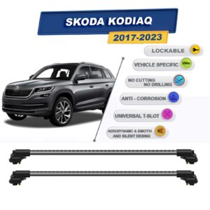 Skoda Kodiaq 2017-2023 ile Uyumlu Kilitlenebilir Ara Atkı - Portbagaj Taşıma Barları 2li Set Gri