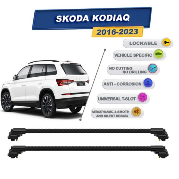 Skoda Kodiaq 2016-2023 ile Uyumlu Kilitlenebilir Ara Atkı - Portbagaj Taşıma Barları 2li Set Siyah