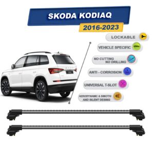 Skoda Kodiaq 2016-2023 ile Uyumlu Kilitlenebilir Ara Atkı - Portbagaj Taşıma Barları 2li Set Gri