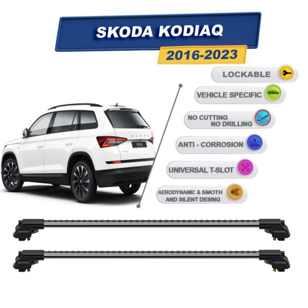 Skoda Kodiaq 2016-2023 ile Uyumlu Kilitlenebilir Ara Atkı - Portbagaj Taşıma Barları 2li Set Gri