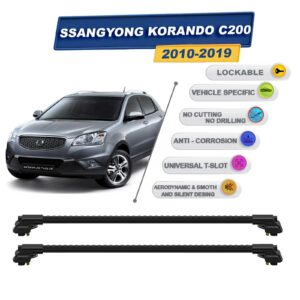 Ssangyong Korando C200 2010-2019 ile Uyumlu Kilitlenebilir Ara Atkı - Portbagaj Taşıma Barları 2li Set Siyah