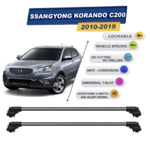 Ssangyong Korando C200 2010-2019 ile Uyumlu Kilitlenebilir Ara Atkı - Portbagaj Taşıma Barları 2li Set Gri