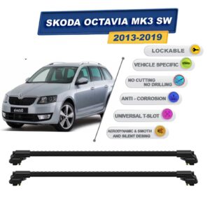 Skoda Octavia Mk3 Sw 2013-2019 ile Uyumlu Kilitlenebilir Ara Atkı - Portbagaj Taşıma Barları 2li Set Siyah