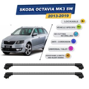 Skoda Octavia Mk3 Sw 2013-2019 ile Uyumlu Kilitlenebilir Ara Atkı - Portbagaj Taşıma Barları 2li Set Gri