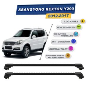 Ssangyong Rexton Y290 2012-2017 ile Uyumlu Kilitlenebilir Ara Atkı - Portbagaj Taşıma Barları 2li Set Siyah