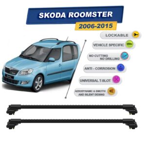 Skoda Roomster 2006-2015 ile Uyumlu Kilitlenebilir Ara Atkı - Portbagaj Taşıma Barları 2li Set Siyah