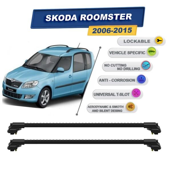 Skoda Roomster 2006-2015 ile Uyumlu Kilitlenebilir Ara Atkı - Portbagaj Taşıma Barları 2li Set Siyah