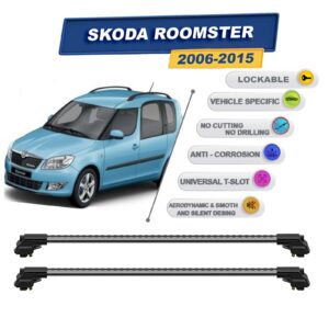 Skoda Roomster 2006-2015 ile Uyumlu Kilitlenebilir Ara Atkı - Portbagaj Taşıma Barları 2li Set Gri
