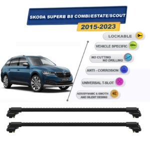 Skoda Superb B8 Combi/Estate/Scout 2015-2023 ile Uyumlu Kilitlenebilir Ara Atkı - Portbagaj Taşıma Barları 2li Set Siyah