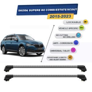Skoda Superb B8 Combi/Estate/Scout 2015-2023 ile Uyumlu Kilitlenebilir Ara Atkı - Portbagaj Taşıma Barları 2li Set Gri