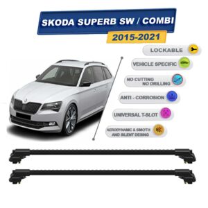 Skoda Superb Sw / Combi 2015-2021 ile Uyumlu Kilitlenebilir Ara Atkı - Portbagaj Taşıma Barları 2li Set Siyah