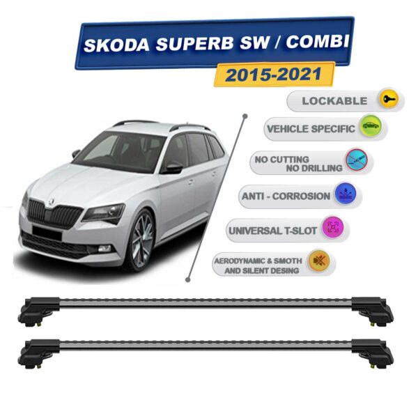Skoda Superb Sw / Combi 2015-2021 ile Uyumlu Kilitlenebilir Ara Atkı - Portbagaj Taşıma Barları 2li Set Gri