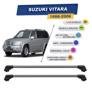 Suzuki Vitara 1998-2006 ile Uyumlu Kilitlenebilir Ara Atkı - Portbagaj Taşıma Barları 2li Set Gri