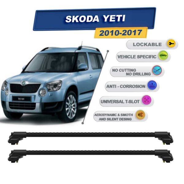 Skoda Yeti 2010-2017 ile Uyumlu Kilitlenebilir Ara Atkı - Portbagaj Taşıma Barları 2li Set Siyah