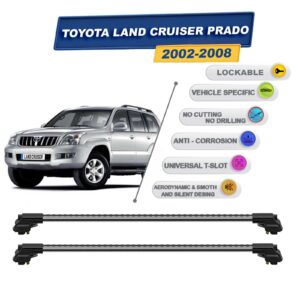 Toyota Land Cruiser Prado 120 2002-2008 ile Uyumlu Kilitlenebilir Ara Atkı - Portbagaj Taşıma Barları 2li Set Gri
