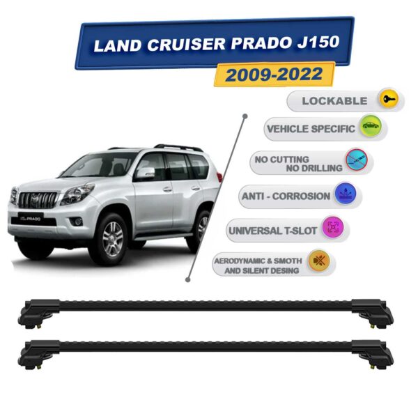 Land Cruiser Prado J150 2009-2022 ile Uyumlu Kilitlenebilir Ara Atkı - Portbagaj Taşıma Barları 2li Set Siyah