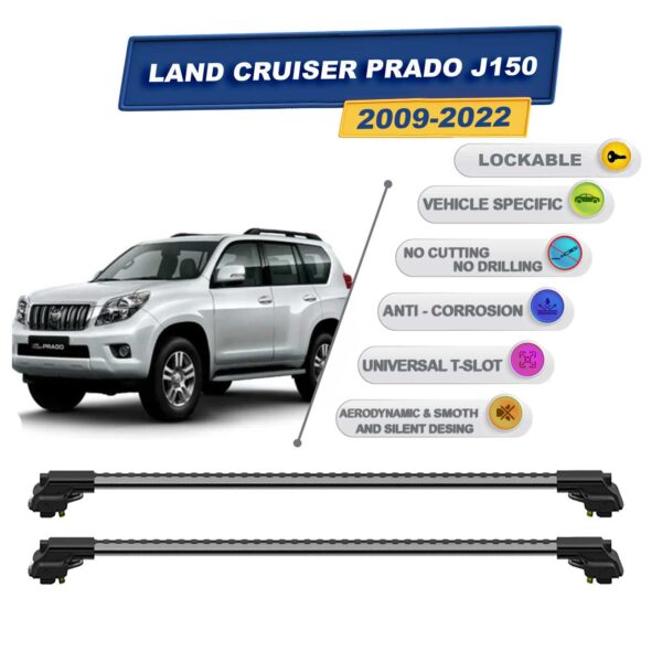 Land Cruiser Prado J150 2009-2022 ile Uyumlu Kilitlenebilir Ara Atkı - Portbagaj Taşıma Barları 2li Set Gri