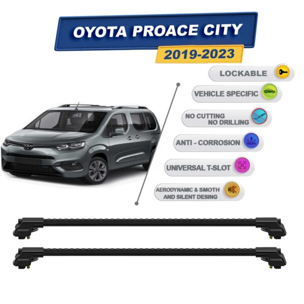 Toyota Proace City 2019-2023 ile Uyumlu Kilitlenebilir Ara Atkı - Portbagaj Taşıma Barları 2li Set Siyah