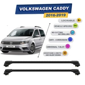 volkswagen Caddy 2016-2019 ile Uyumlu Kilitlenebilir Ara Atkı - Portbagaj Taşıma Barları 2li Set Siyah