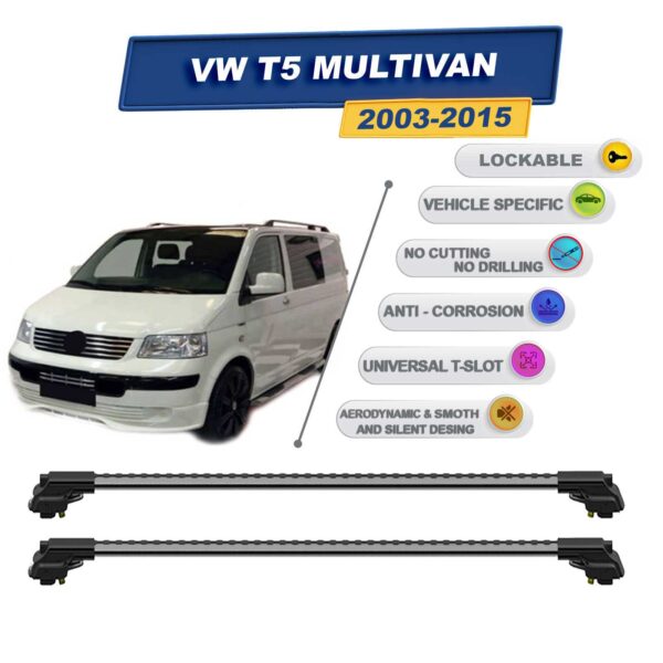 volkswagen T5 Multivan 2003-2015 ile Uyumlu Kilitlenebilir Ara Atkı - Portbagaj Taşıma Barları 2li Set Gri