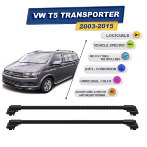 volkswagen T5 Transporter 2003-2015 ile Uyumlu Kilitlenebilir Ara Atkı - Portbagaj Taşıma Barları 2li Set Siyah