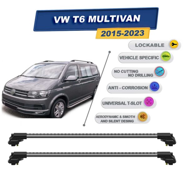 volkswagen T6 Multivan 2015-2023 ile Uyumlu Kilitlenebilir Ara Atkı - Portbagaj Taşıma Barları 2li Set Gri
