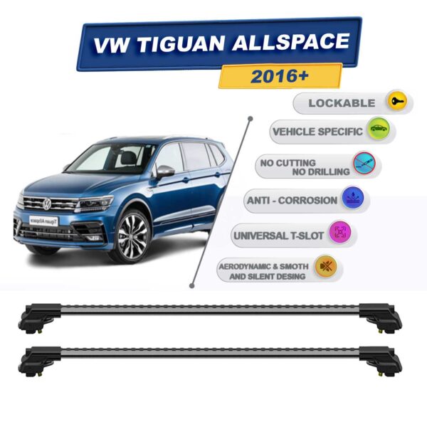 volkswagen Tiguan Allspace 2016-2023 ile Uyumlu Kilitlenebilir Ara Atkı - Portbagaj Taşıma Barları 2li Set Gri