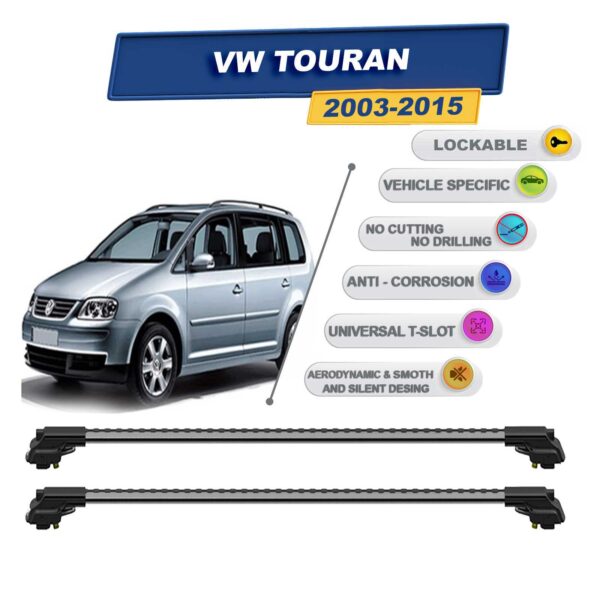 volkswagen Touran 2003-2015 ile Uyumlu Kilitlenebilir Ara Atkı - Portbagaj Taşıma Barları 2li Set Gri