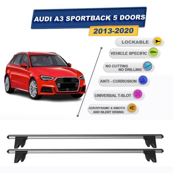 Audi A3 Sportback 2013-2020 (tavan çıtalı araçlar) ile Uyumlu Kilitlenebilir Ara Atkı Taşıyıcı Tavan Barı 2 adet Gri