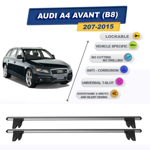 Audi A4 Avant (B8) 2007-2015 ile Uyumlu Kilitlenebilir Ara Atkı Taşıyıcı Tavan Barı 2 adet Gri
