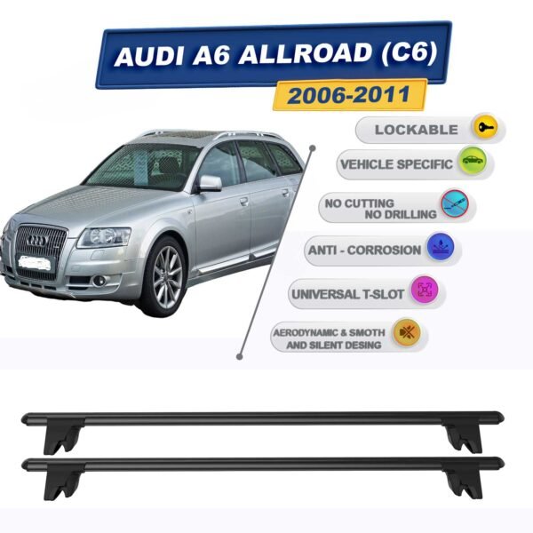 Audi A6 Allroad (C6) 2006-2011 ile Uyumlu Kilitlenebilir Ara Atkı Taşıyıcı Tavan Barı 2 adet Siyah